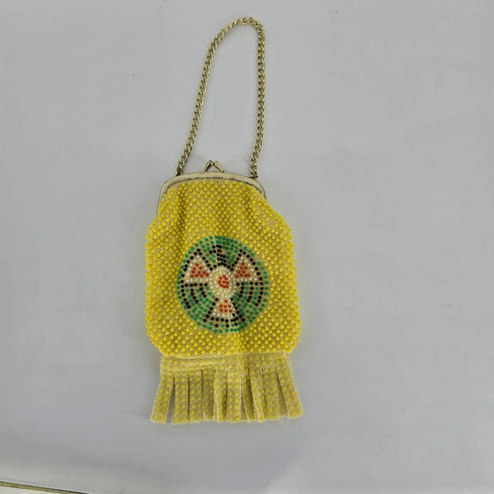 Vintage Thunderbird Indy 500 Beaded Souvenir Purse Yellow Fringe Kiss Lock